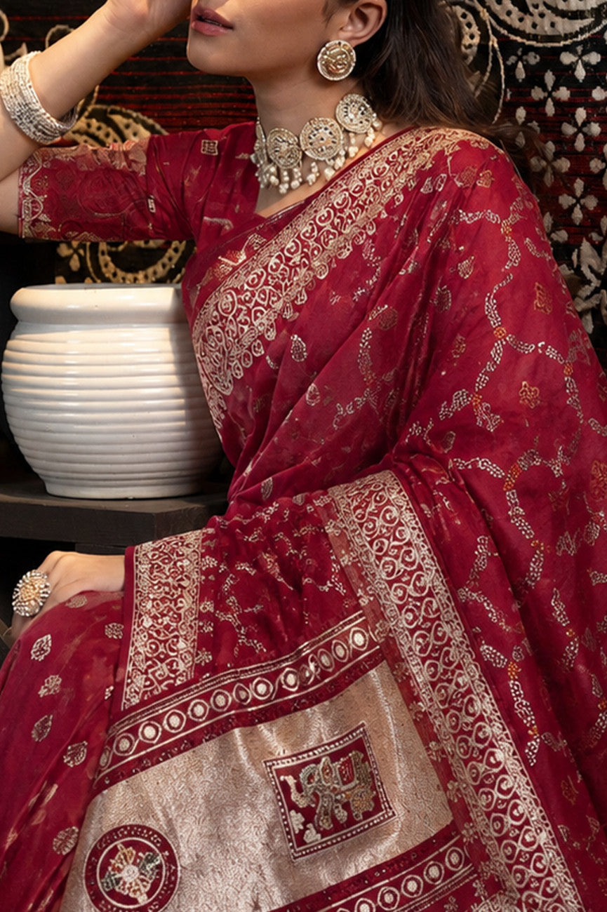 Maroon Bandhani Pattern Vichitra Silk Saree