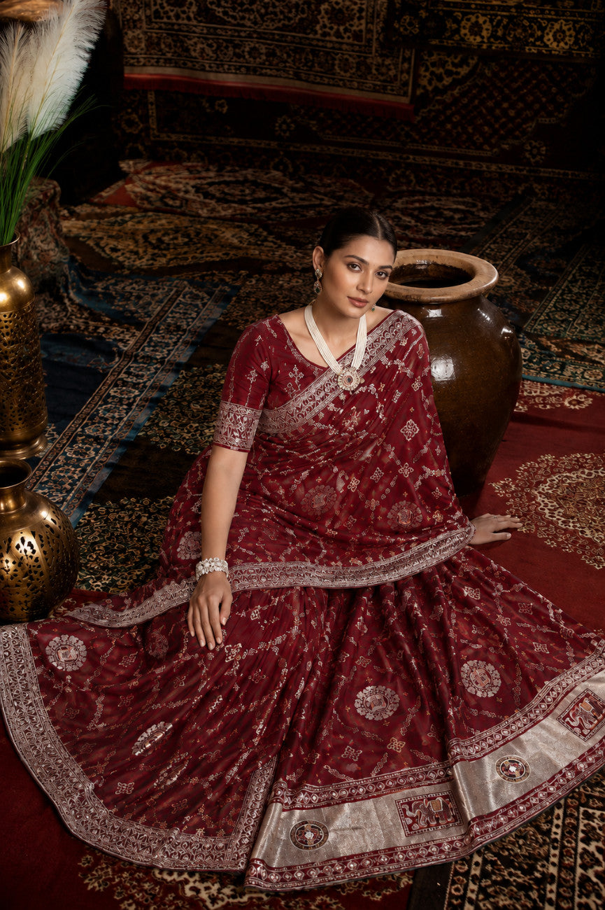 Maroon Bandhani Pattern Vichitra Silk Saree