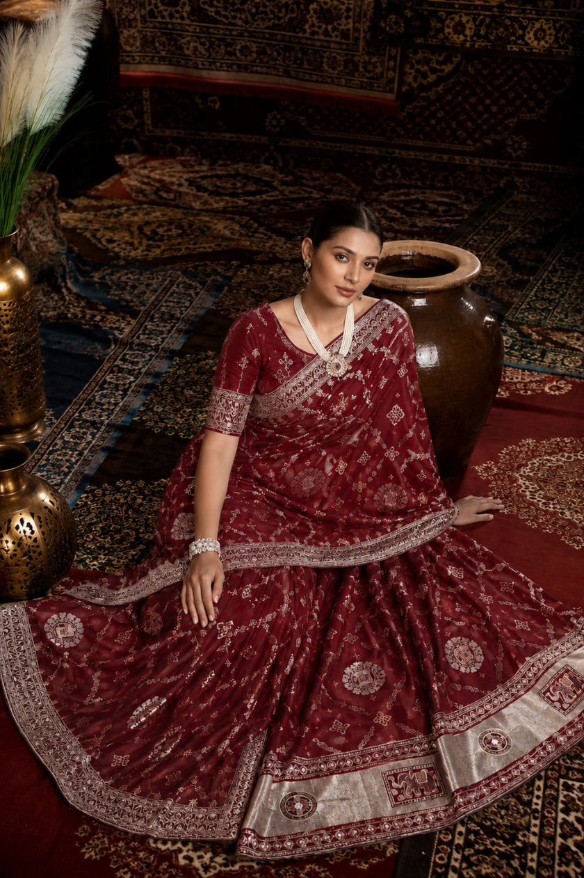 Maroon Bandhani Pattern Vichitra Silk Saree