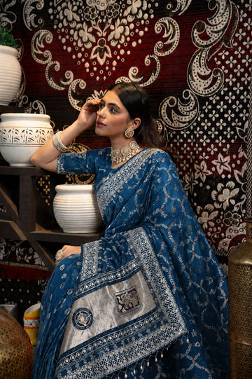 Blue Bandhani Pattern Vichitra Silk Saree