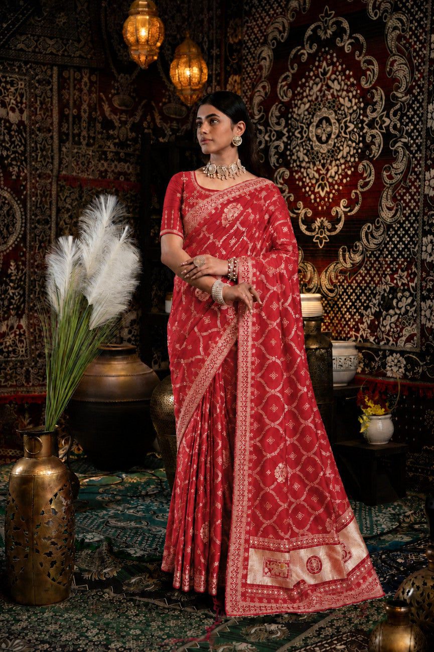 Red Bandhani Pattern Vichitra Silk Saree