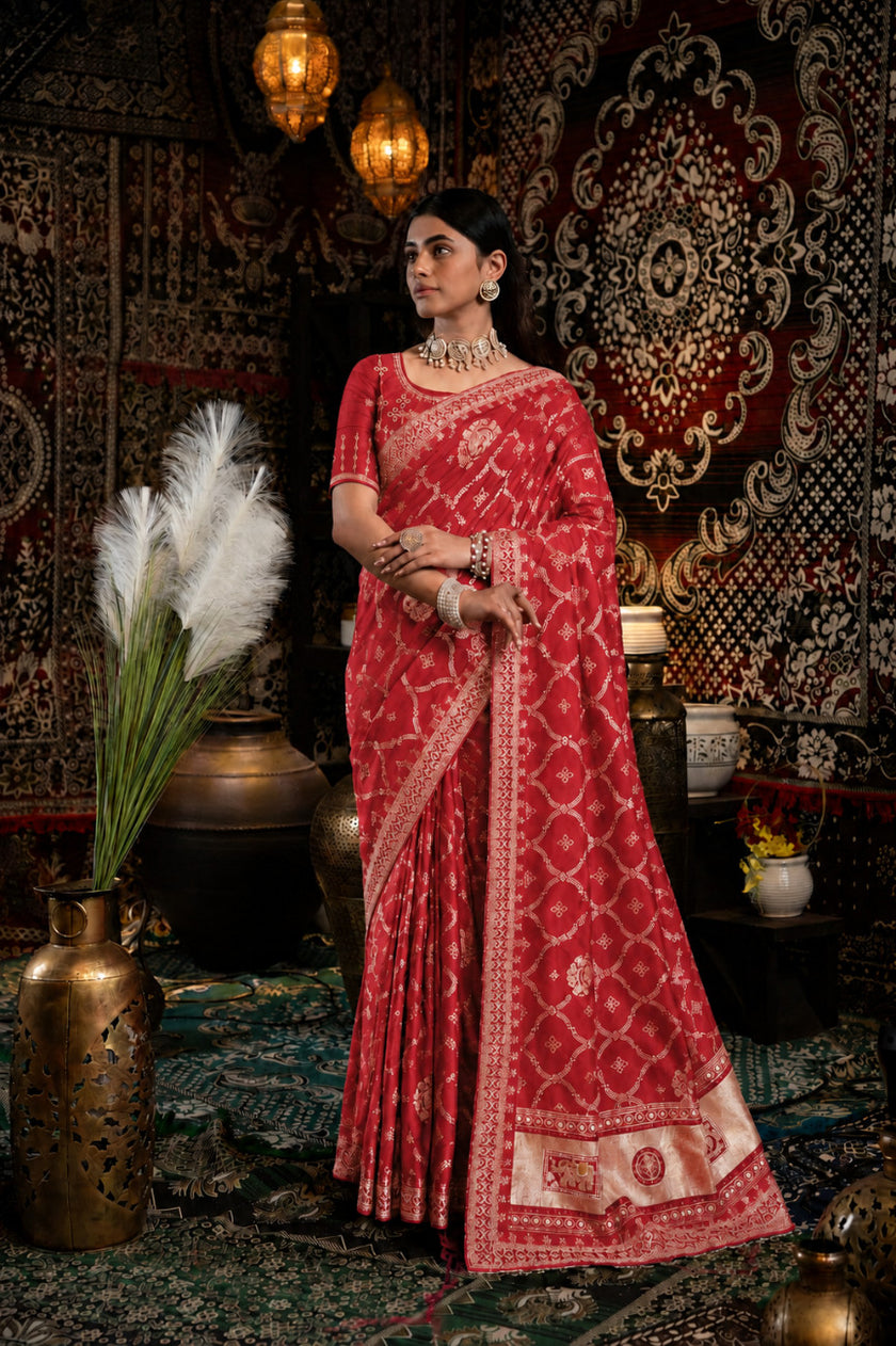 Red Bandhani Pattern Vichitra Silk Saree