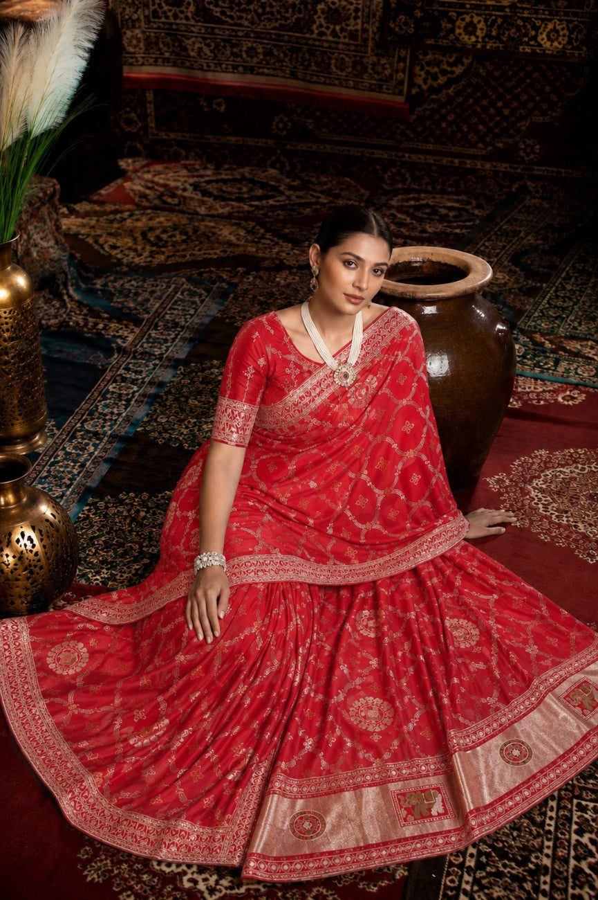 Red Bandhani Pattern Vichitra Silk Saree