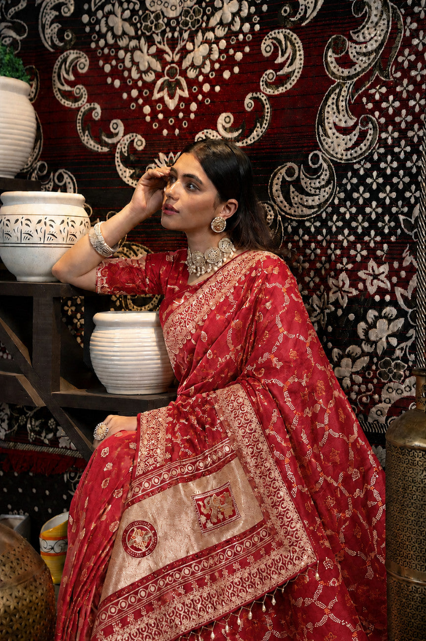 Red Bandhani Pattern Vichitra Silk Saree