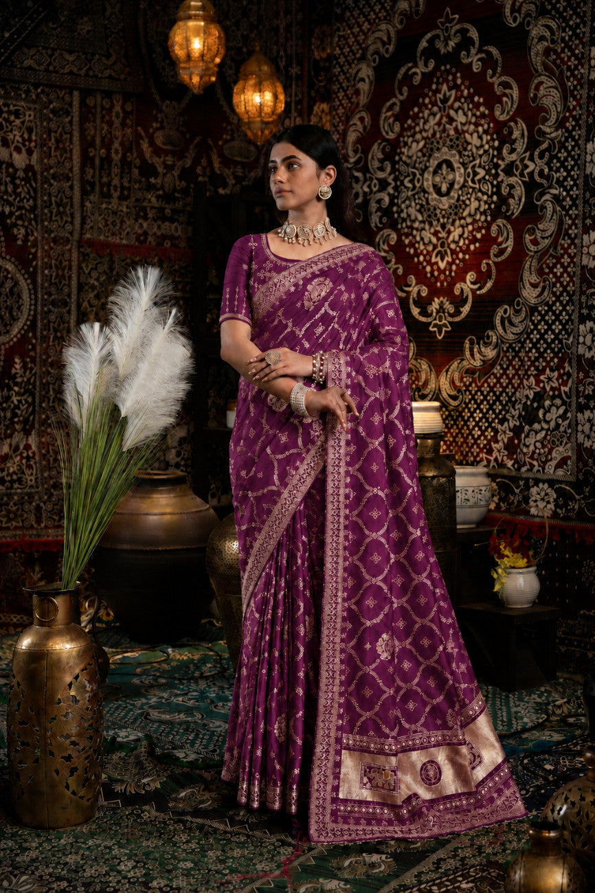 Wine Bandhani Pattern Vichitra Silk Saree