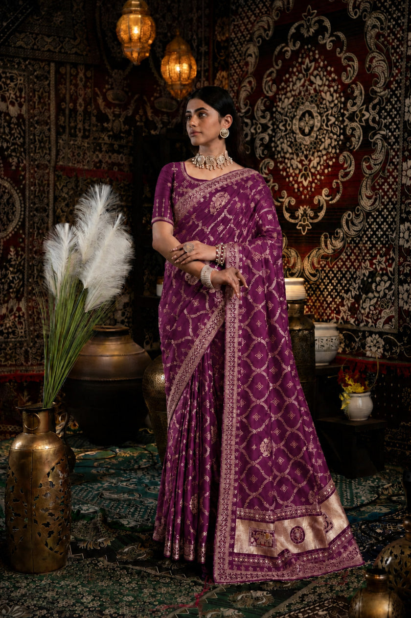 Wine Bandhani Pattern Vichitra Silk Saree