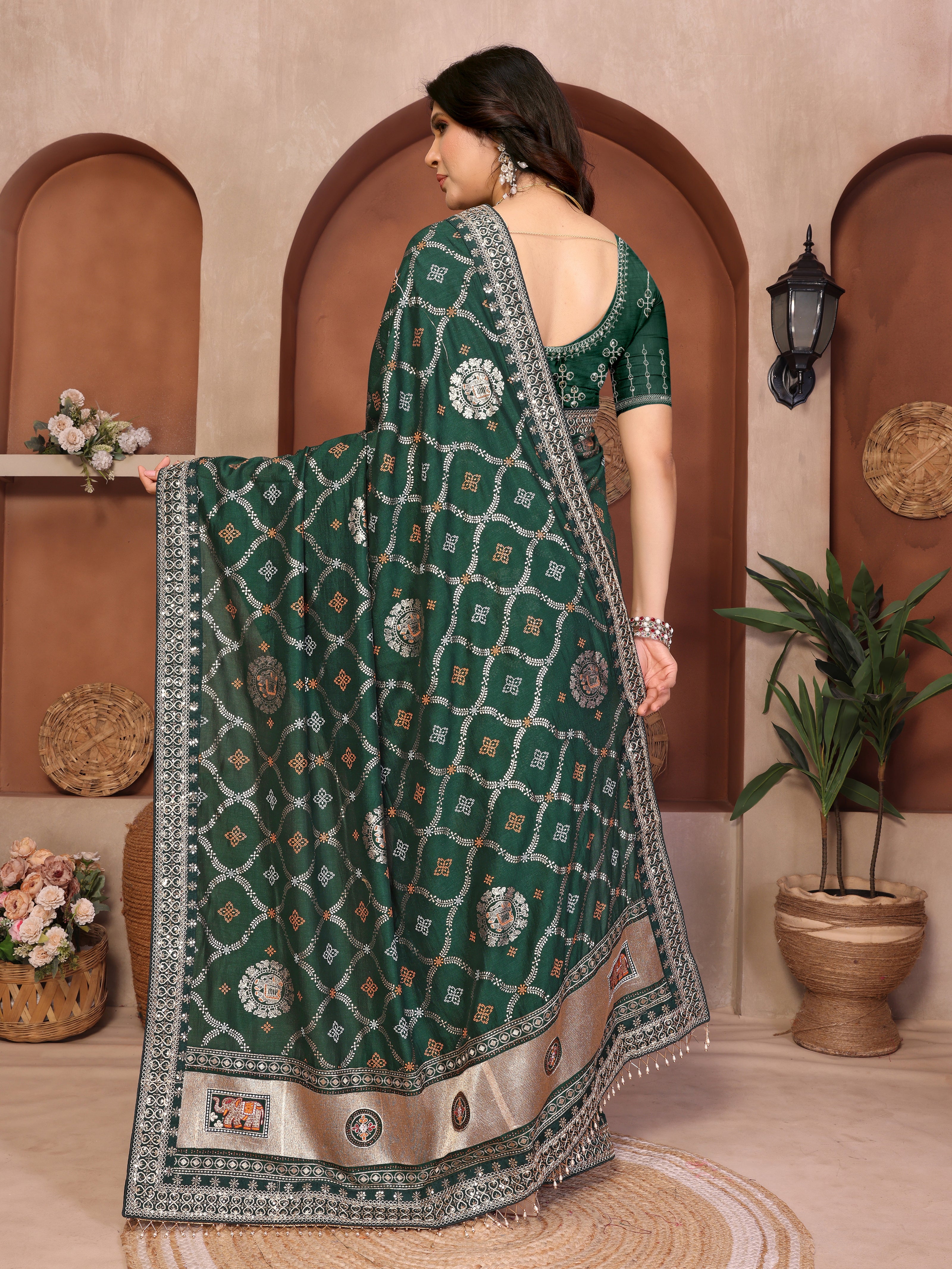 Green Bandhani Vichitra Silk Saree