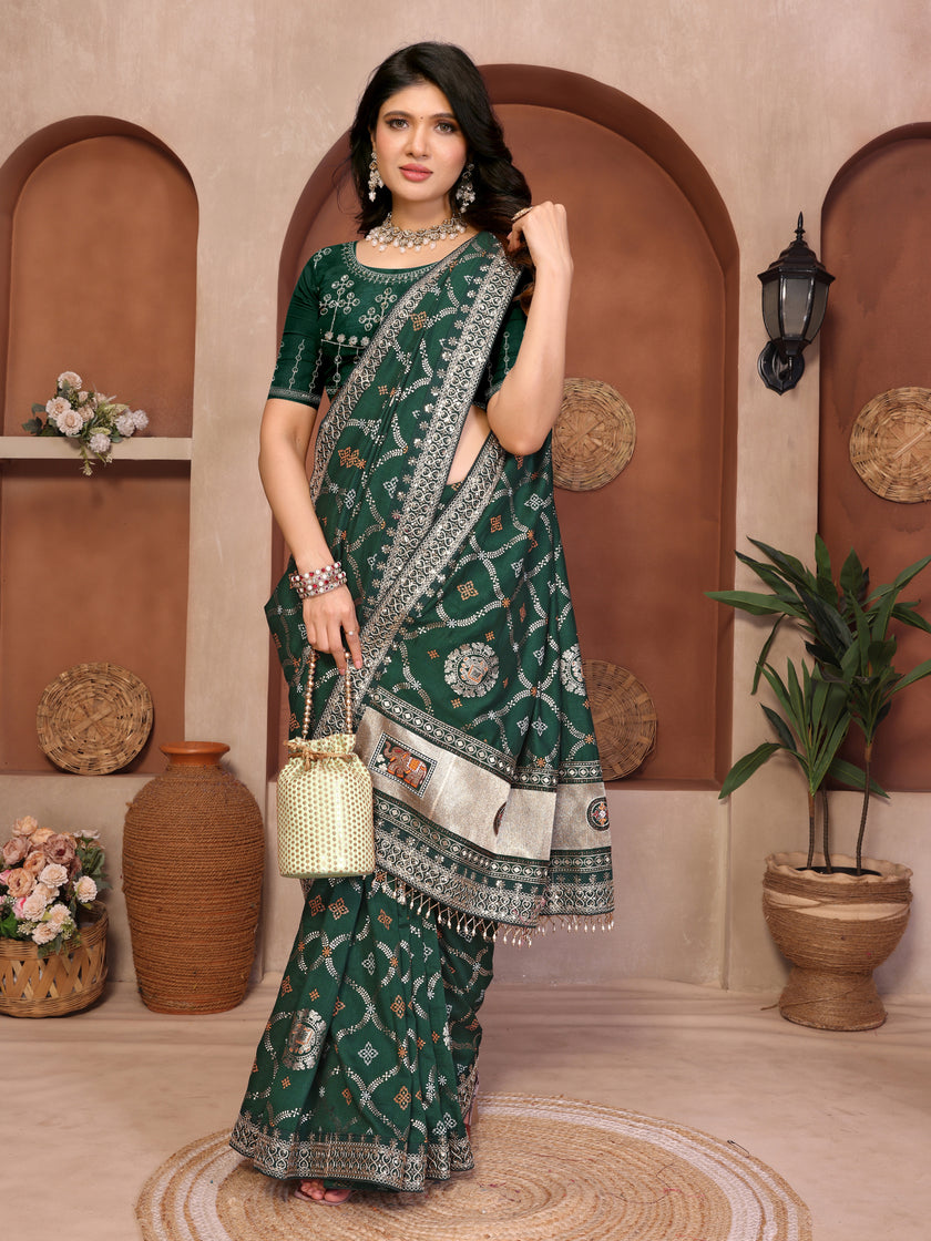 Green Bandhani Vichitra Silk Saree
