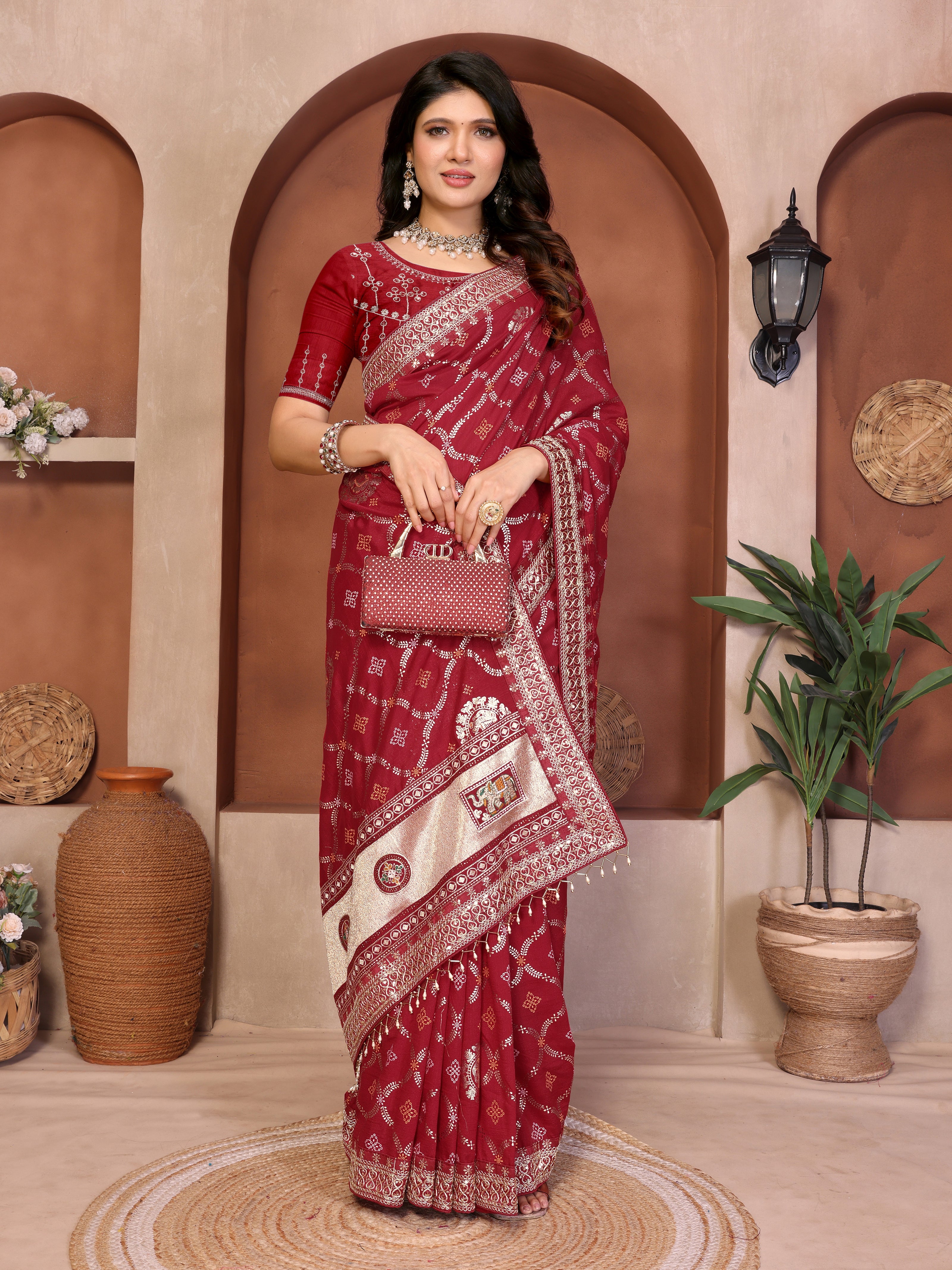 Maroon Bandhani Vichitra Silk Saree