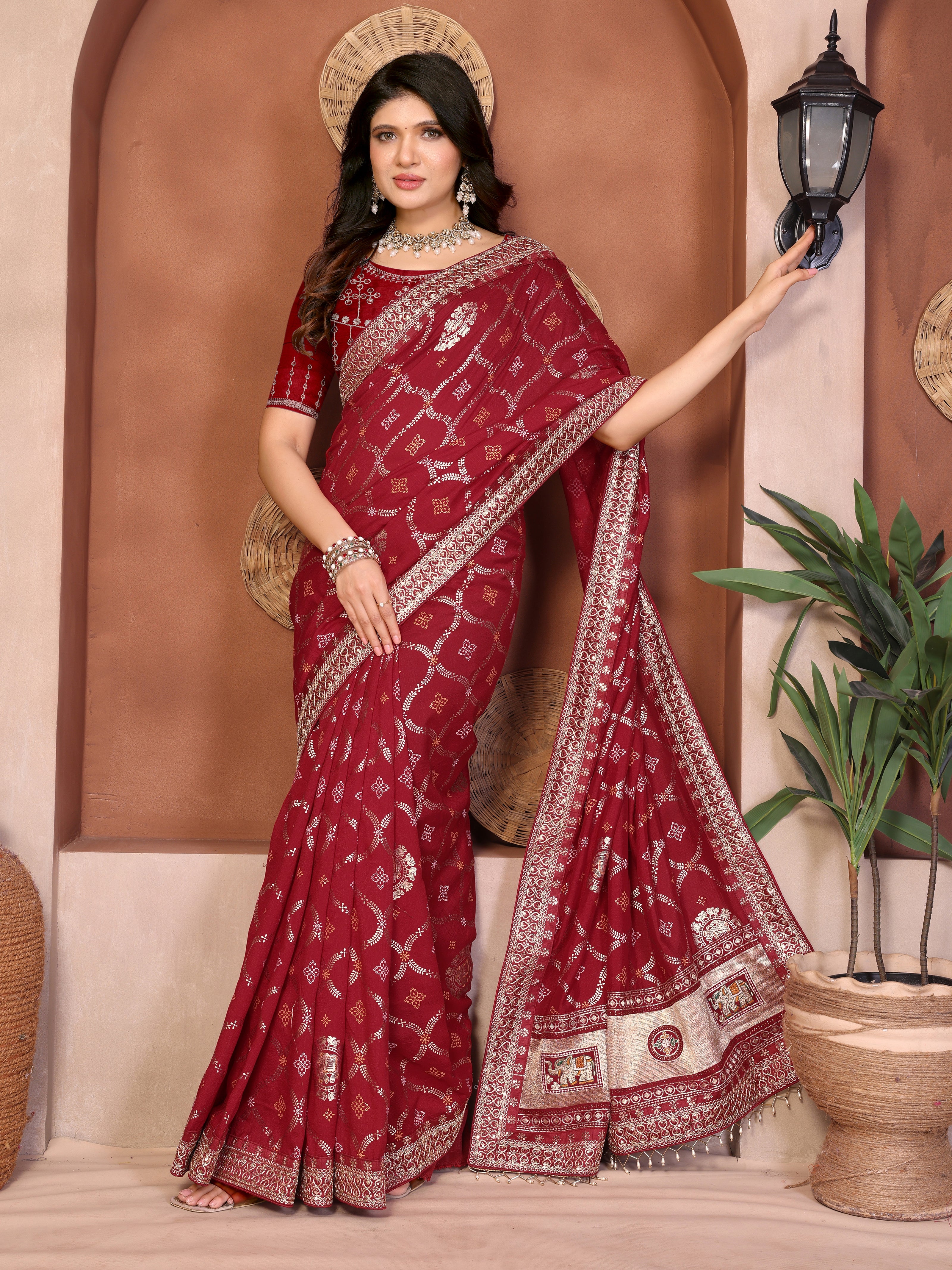 Maroon Bandhani Vichitra Silk Saree