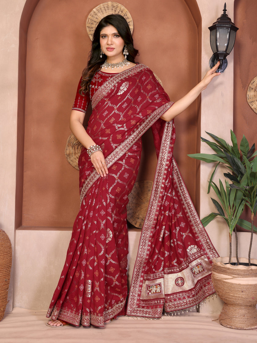 Maroon Bandhani Vichitra Silk Saree