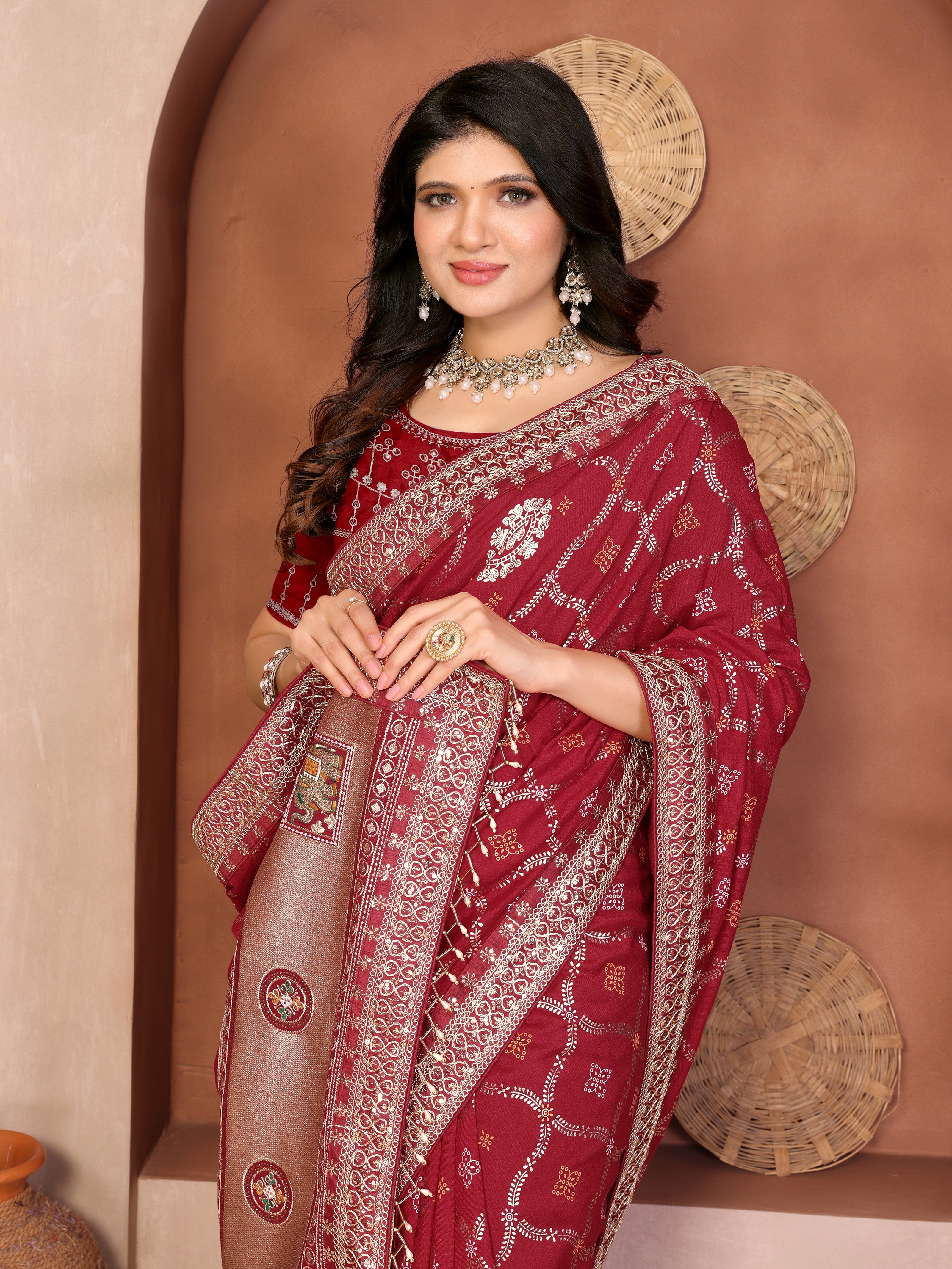 Maroon Bandhani Vichitra Silk Saree