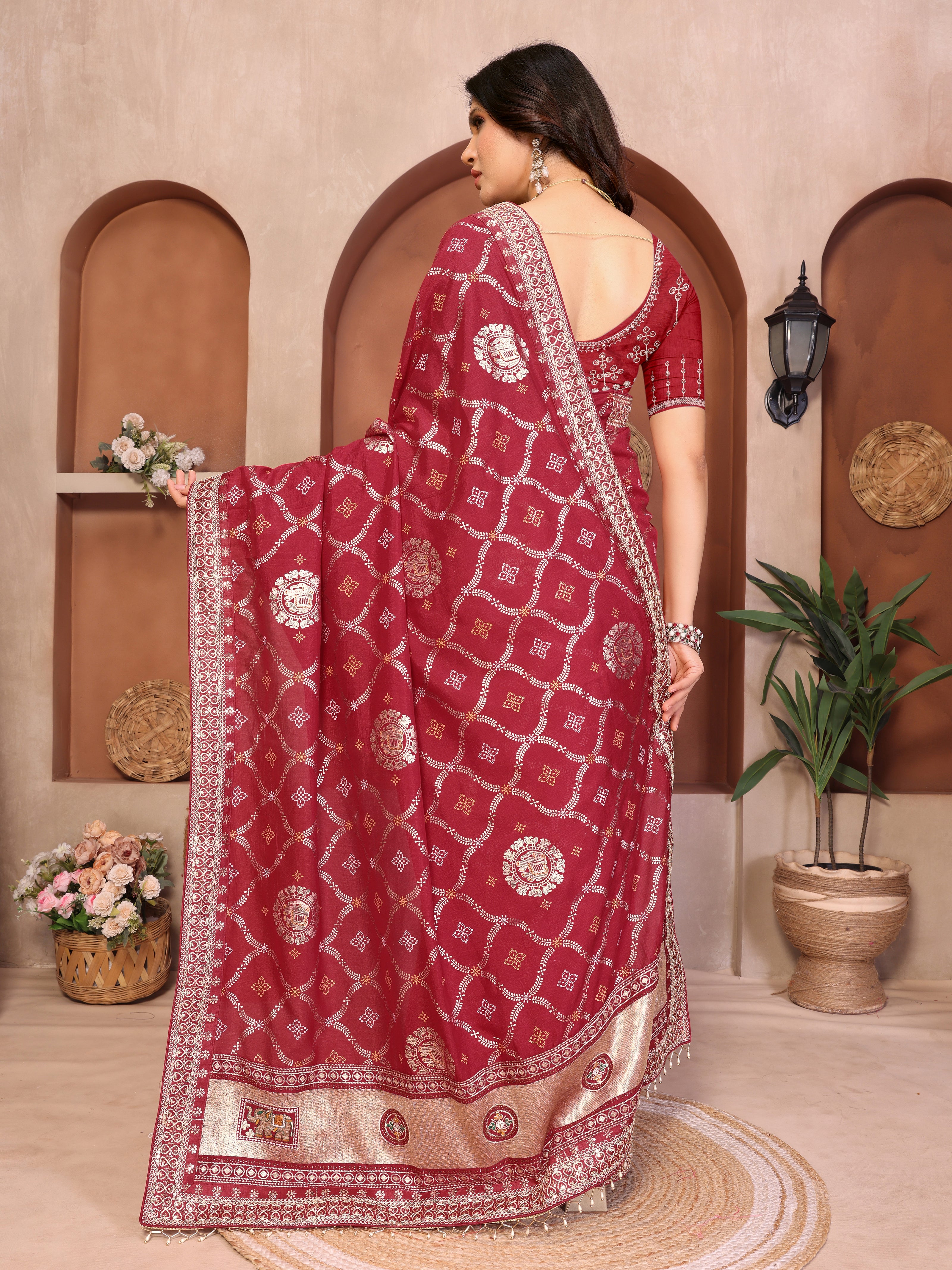 Maroon Bandhani Vichitra Silk Saree