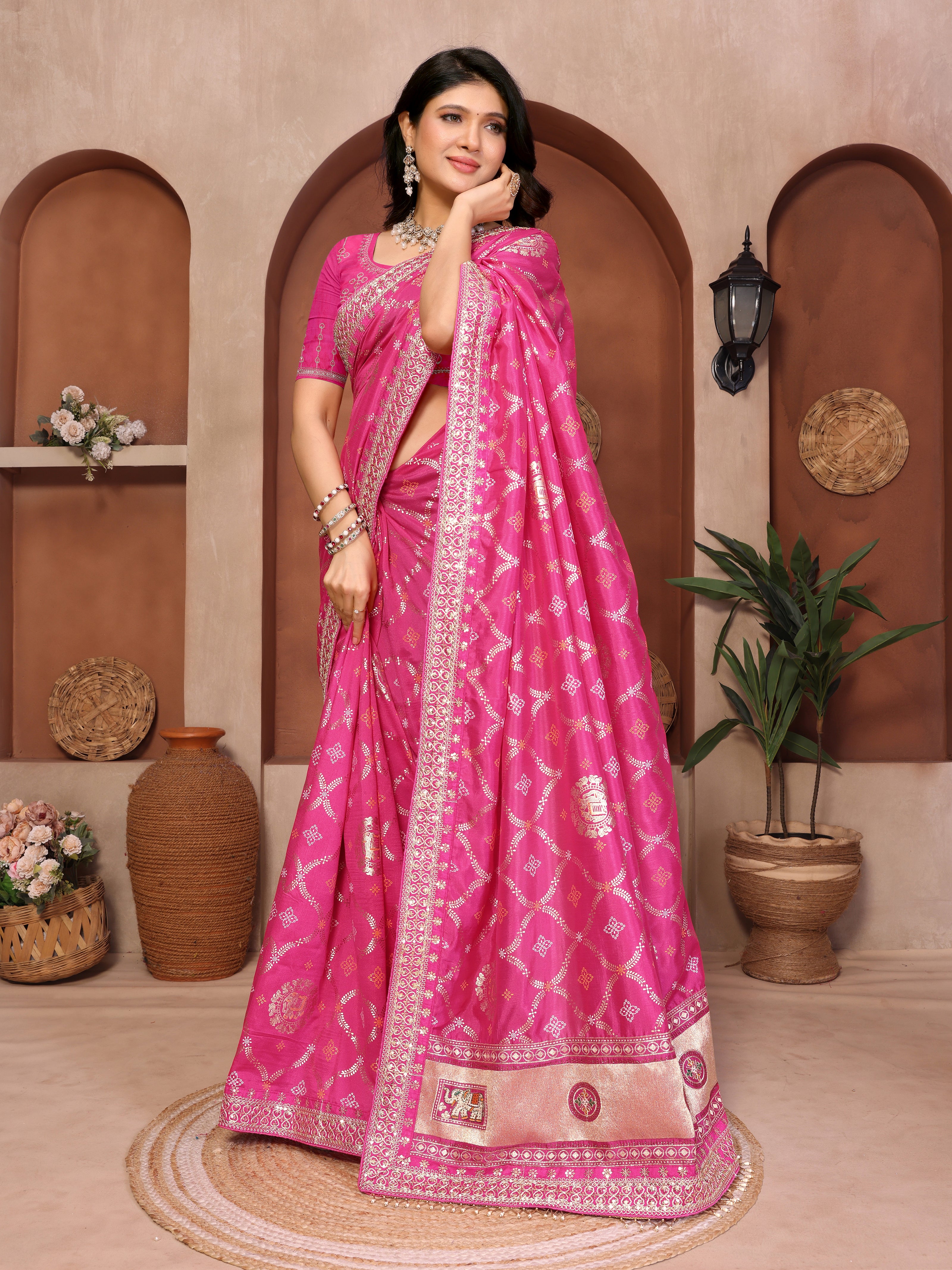 Pink Bandhani Vichitra Silk Saree