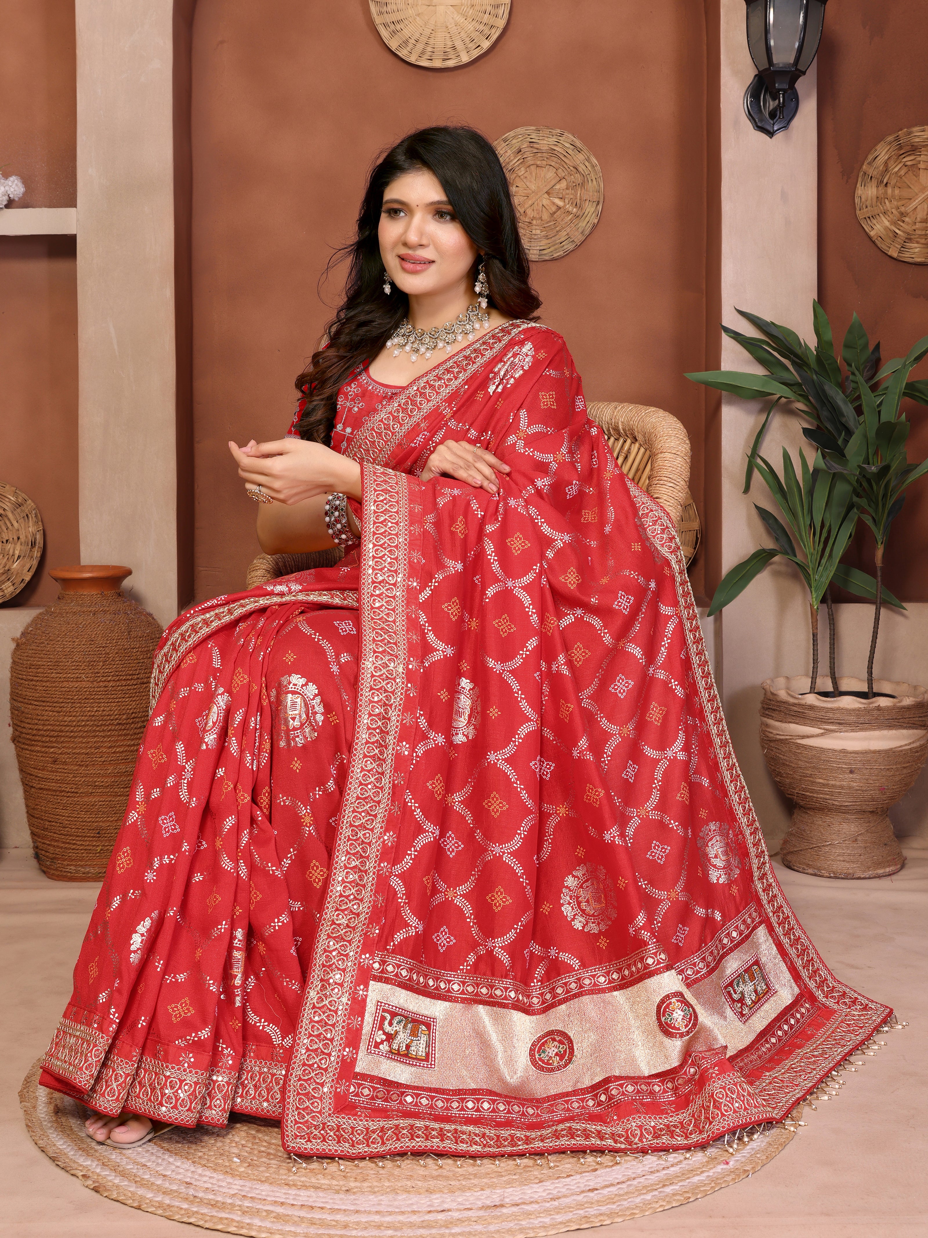 Red Bandhani Vichitra Silk Saree
