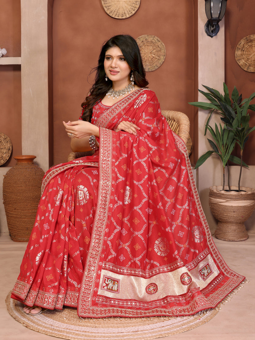 Red Bandhani Vichitra Silk Saree