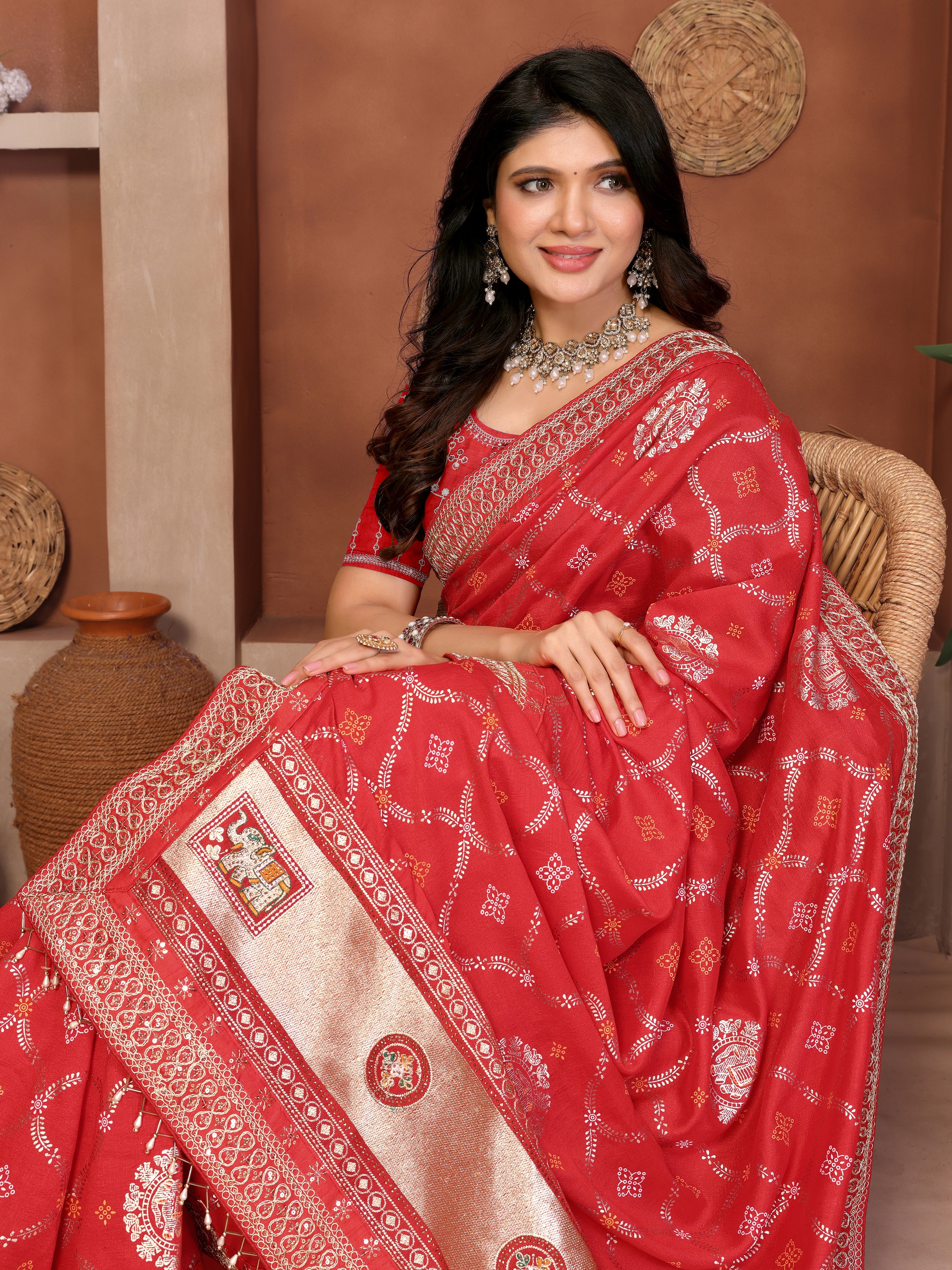 Red Bandhani Vichitra Silk Saree