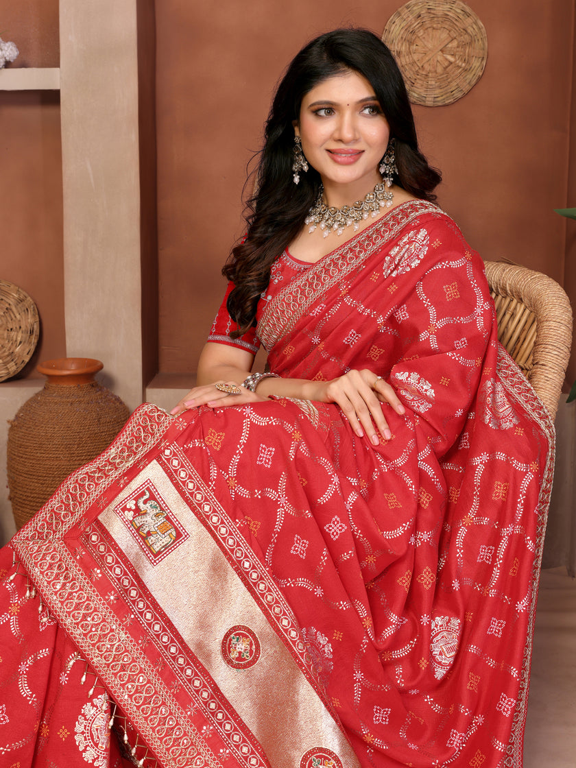 Red Bandhani Vichitra Silk Saree