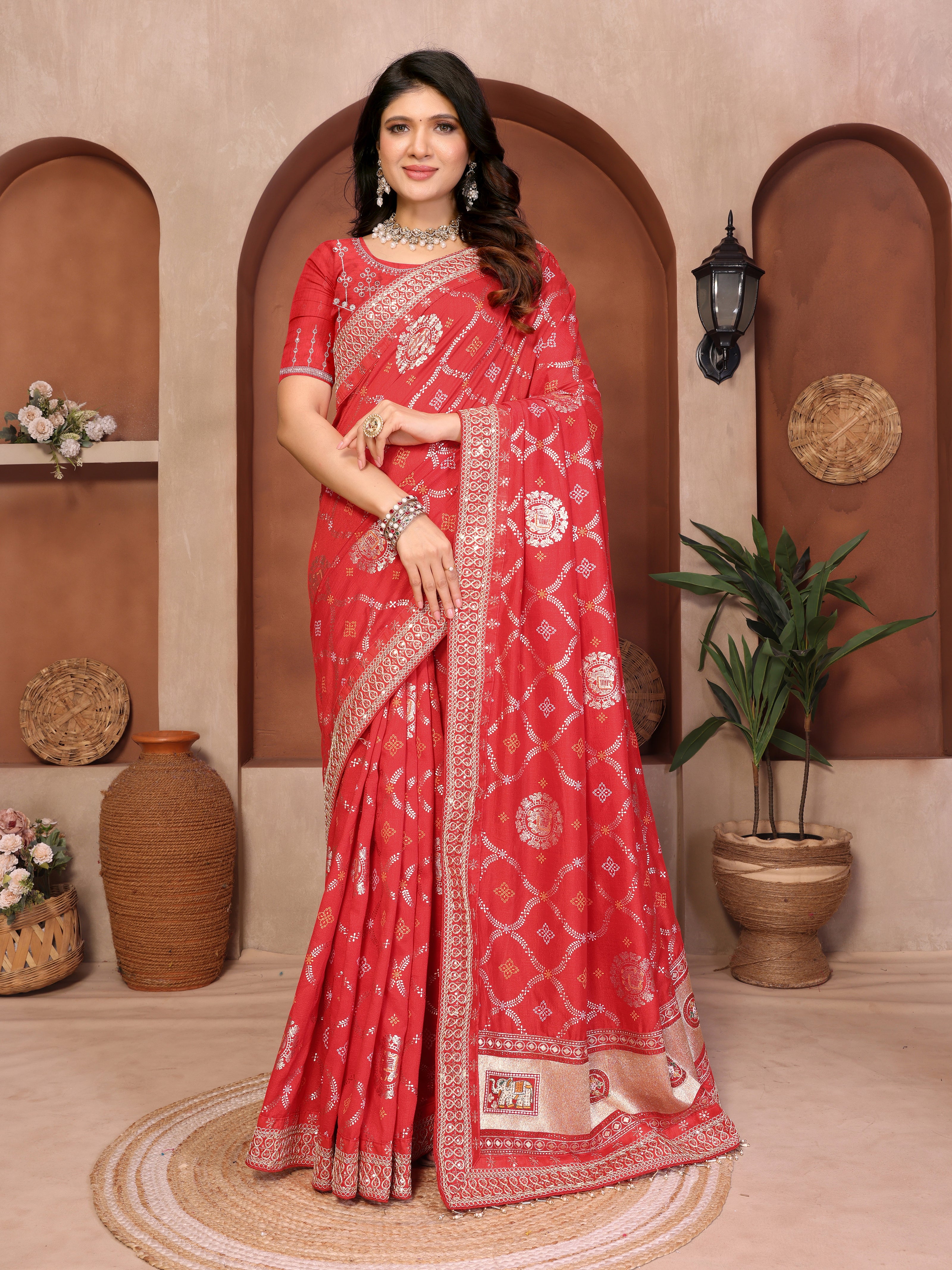 Red Bandhani Vichitra Silk Saree