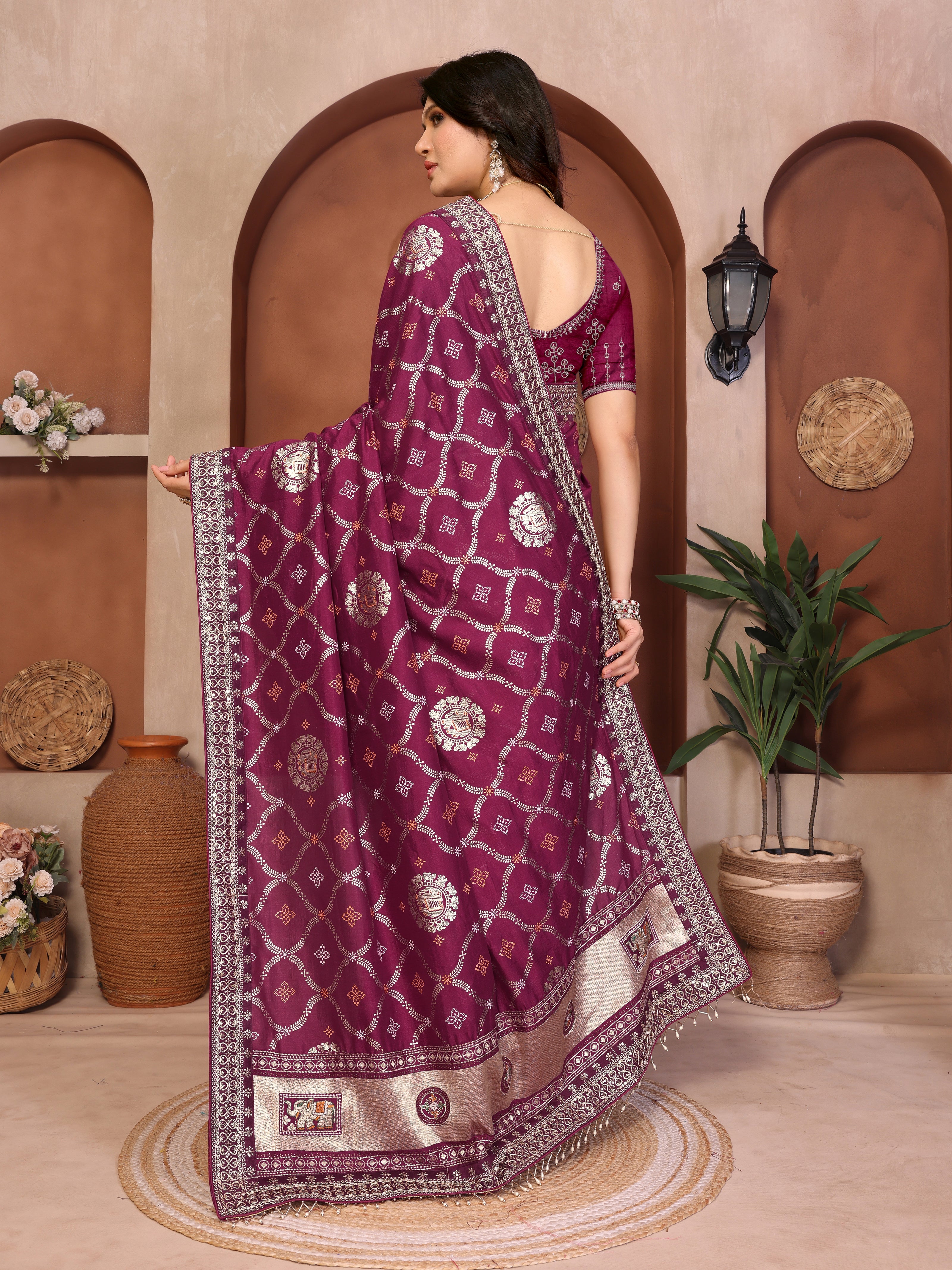 Wine Bandhani Vichitra Silk Saree