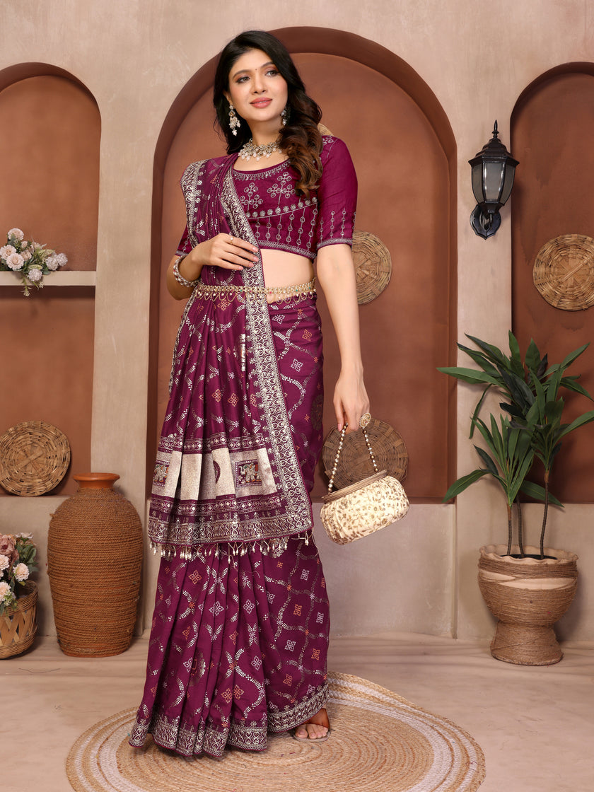 Wine Bandhani Vichitra Silk Saree