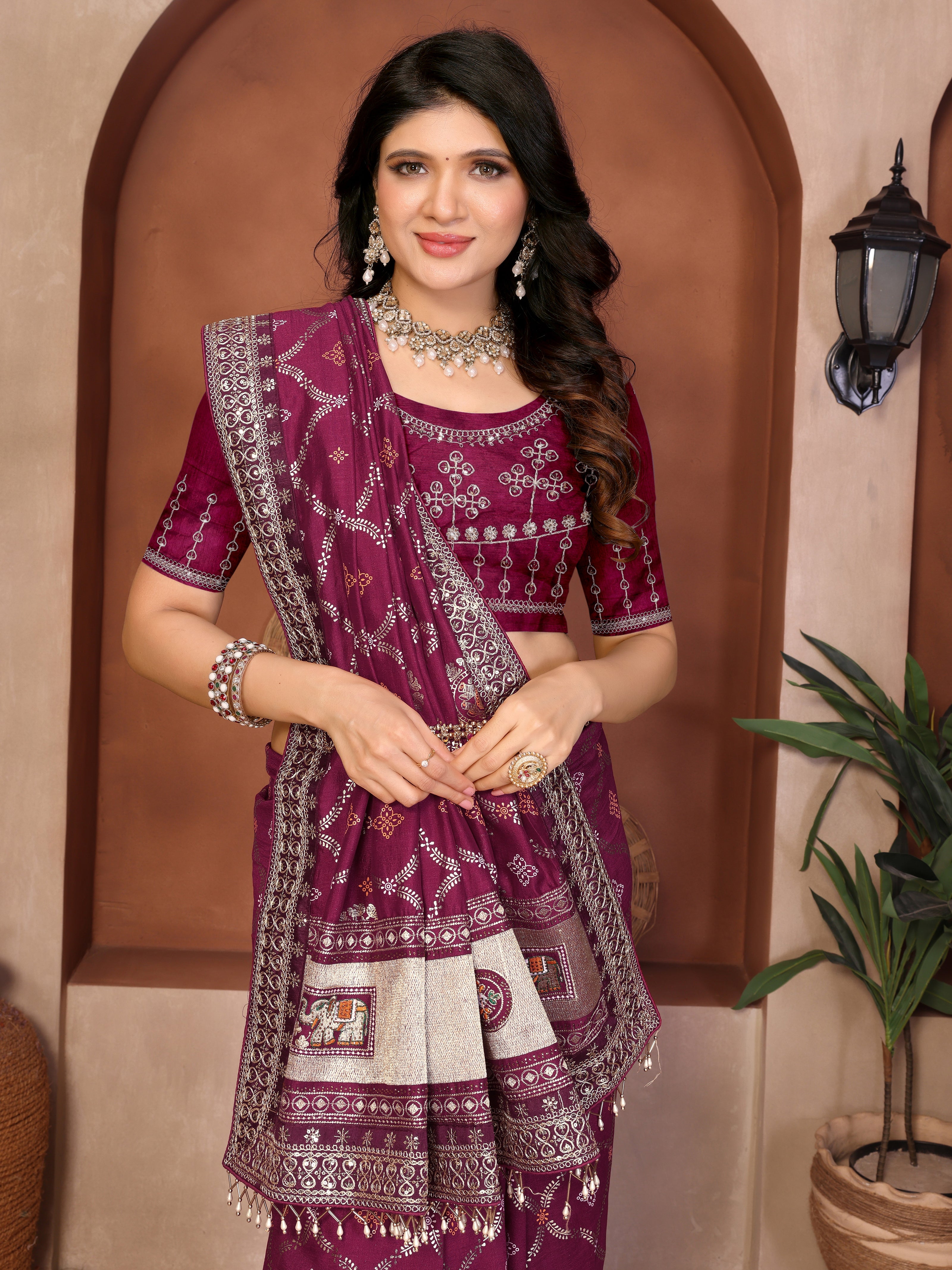 Wine Bandhani Vichitra Silk Saree