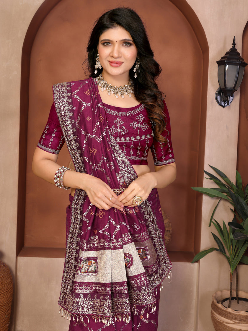 Wine Bandhani Vichitra Silk Saree