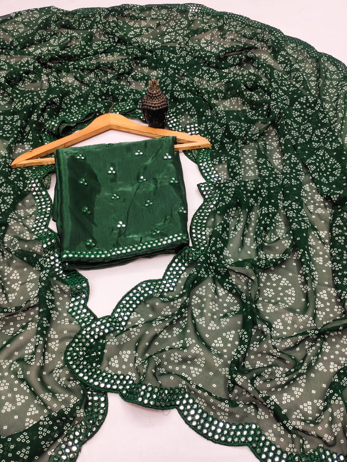 Green Georgette Bandhani Mirror Work Saree