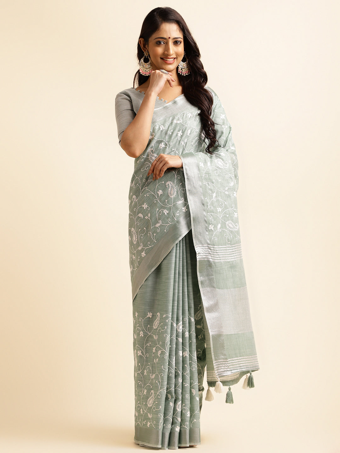 Green linen saree with floral design