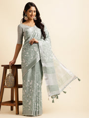 Green linen saree with floral design