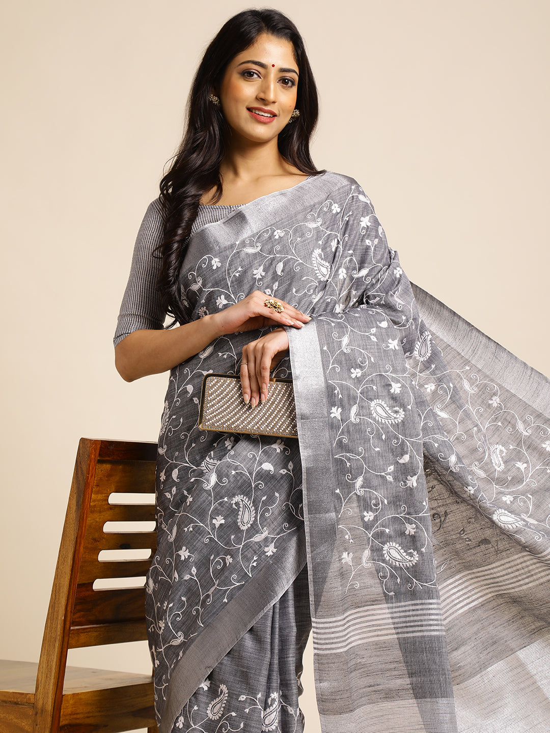 Grey linen saree with floral design