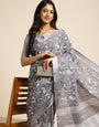 Grey linen saree with floral design