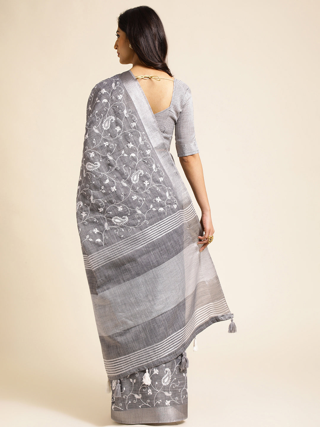 Grey linen saree with floral design