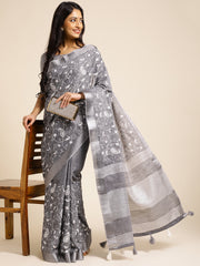 Grey linen saree with floral design