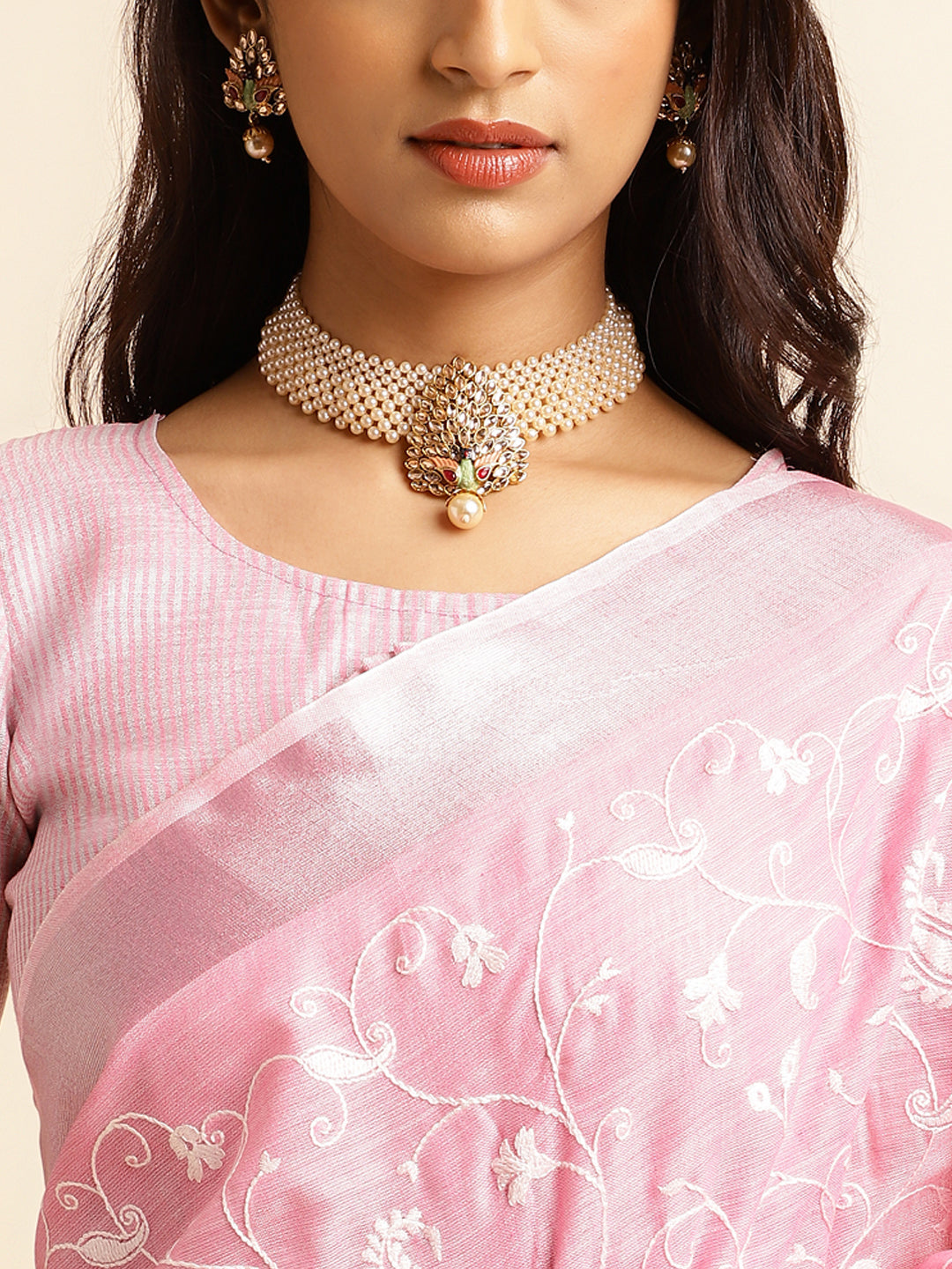 Pink linen saree with floral design