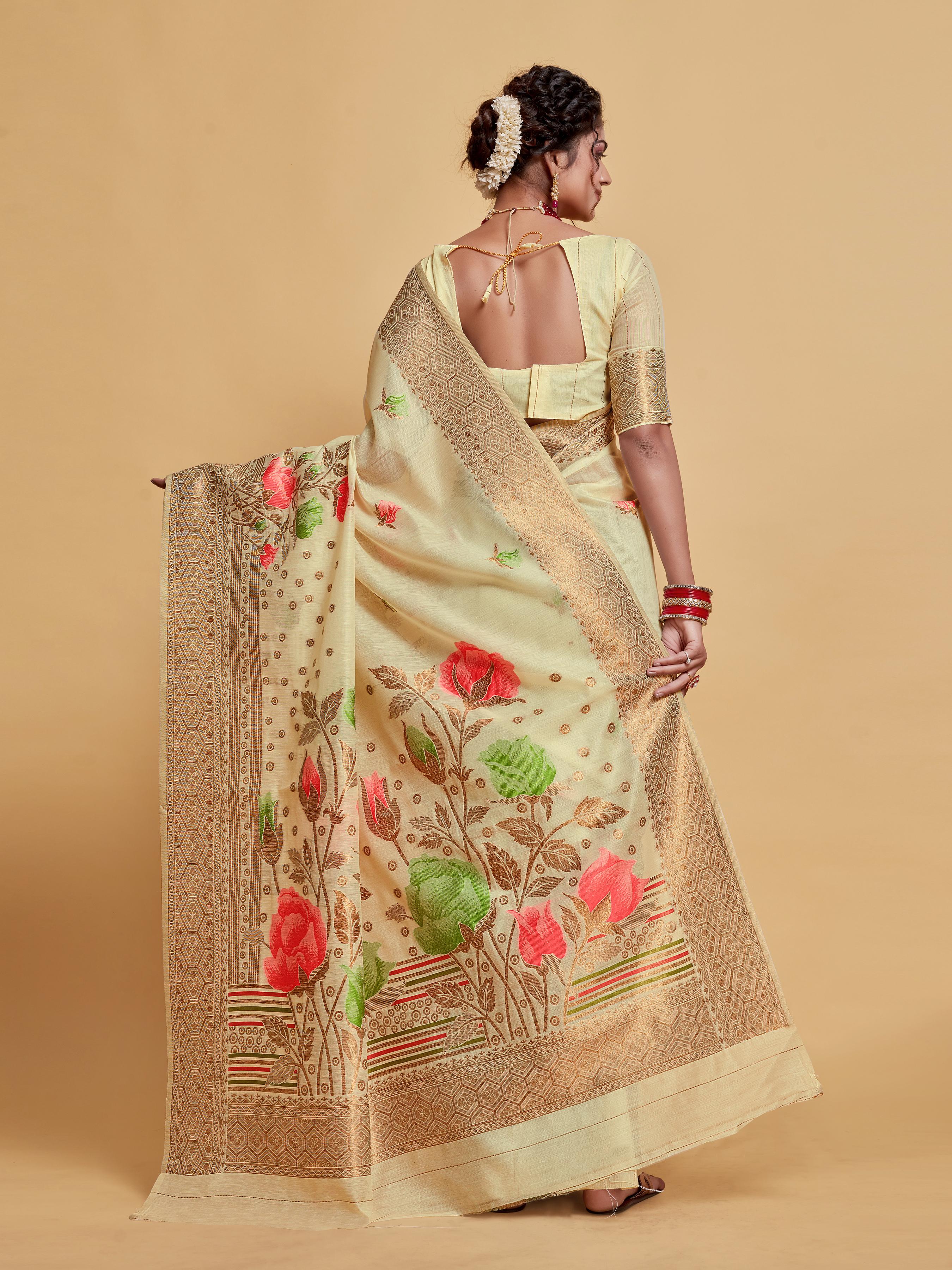 Beige Floral Woven Soft Cotton Saree