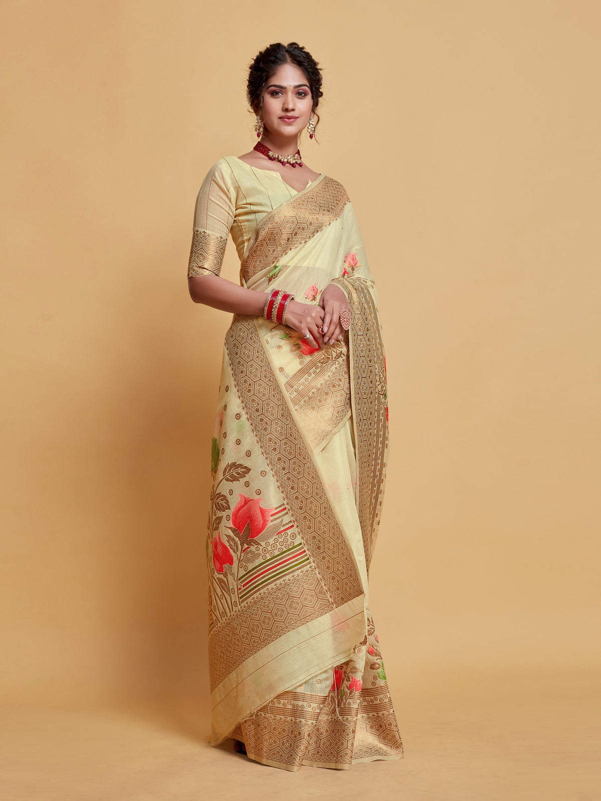 Beige Floral Woven Soft Cotton Saree