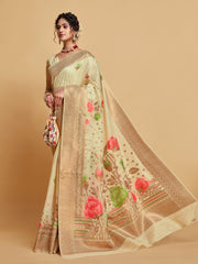 Beige Floral Woven Soft Cotton Saree