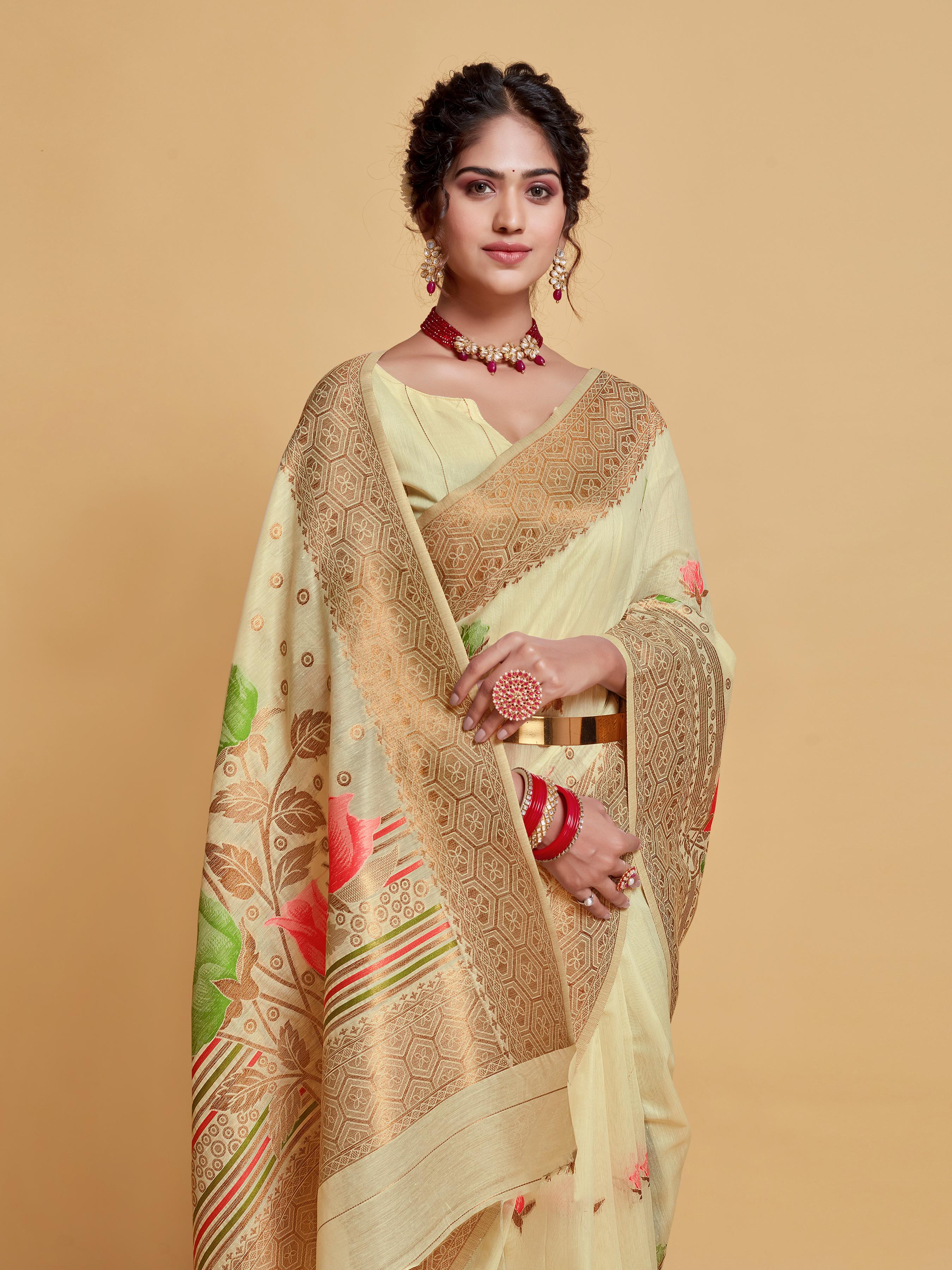 Beige Floral Woven Soft Cotton Saree