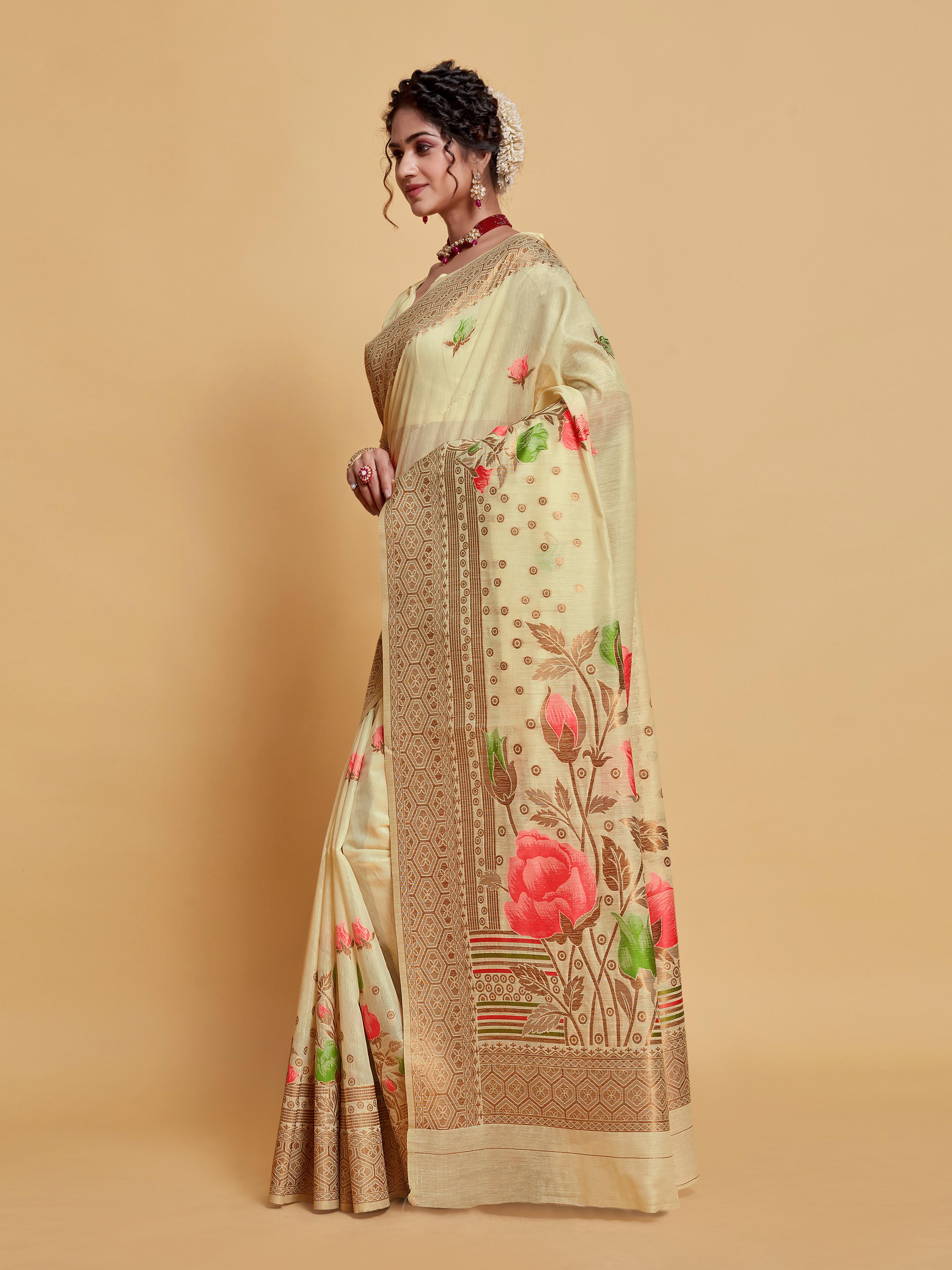 Beige Floral Woven Soft Cotton Saree