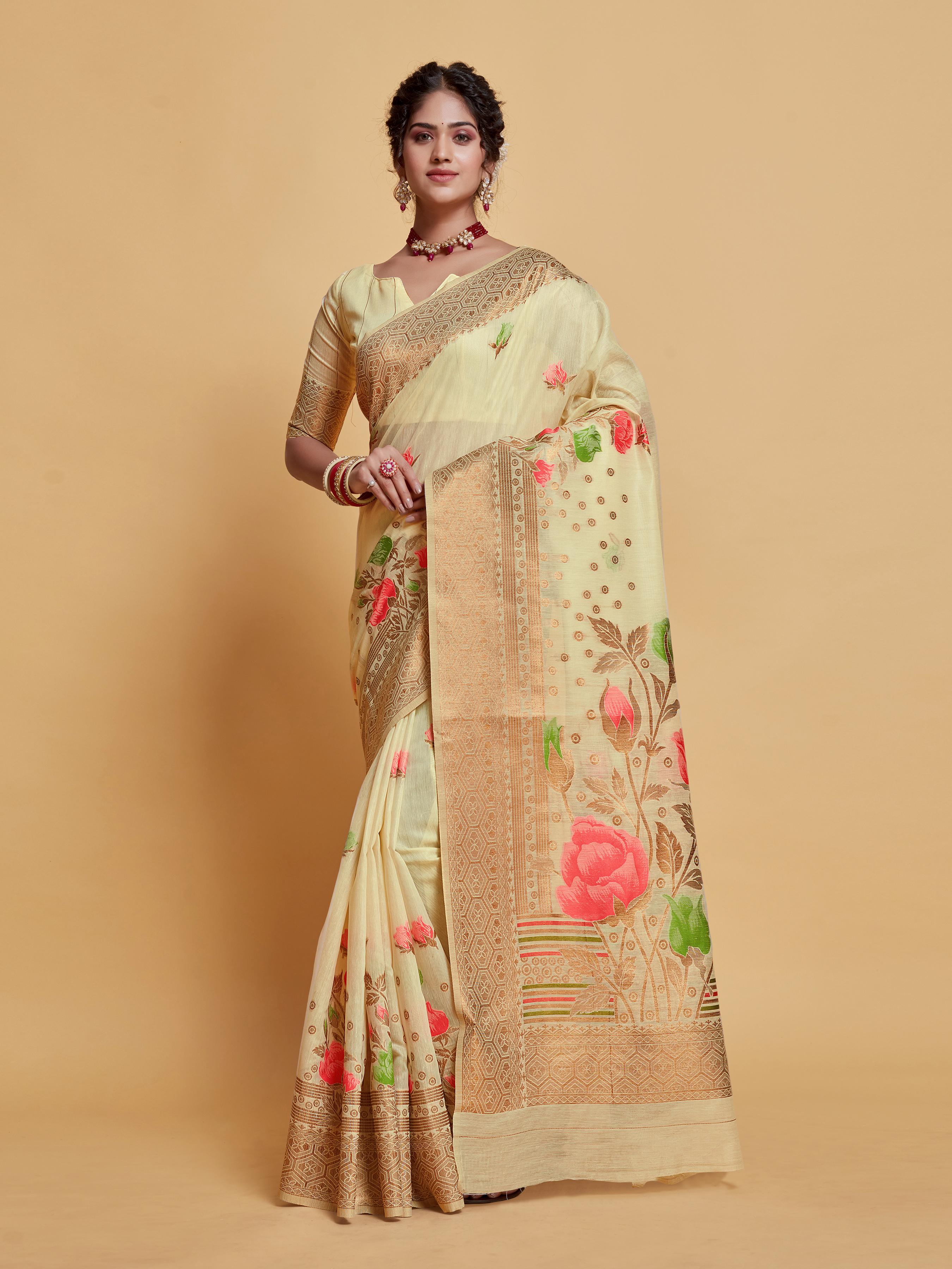 Beige Floral Woven Soft Cotton Saree