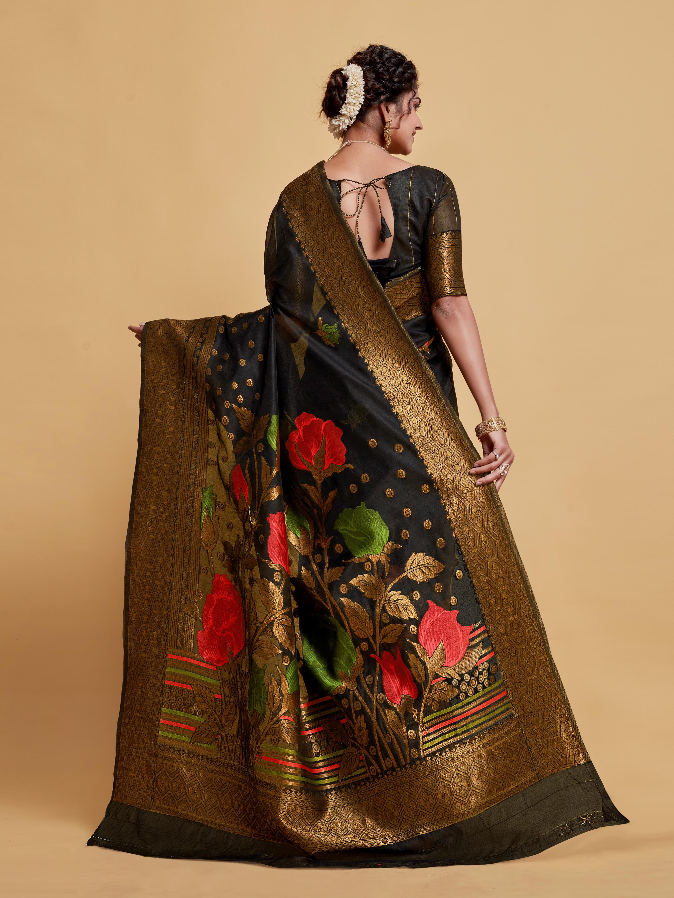 Black Floral Woven Soft Cotton Saree