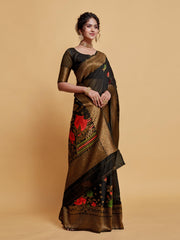 Black Floral Woven Soft Cotton Saree