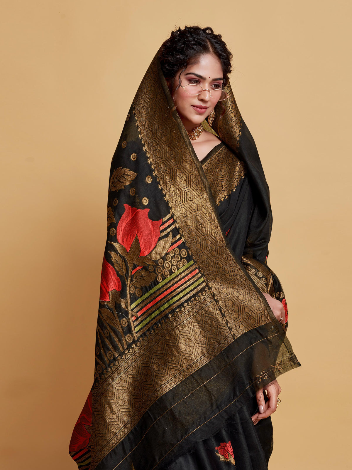 Black Floral Woven Soft Cotton Saree