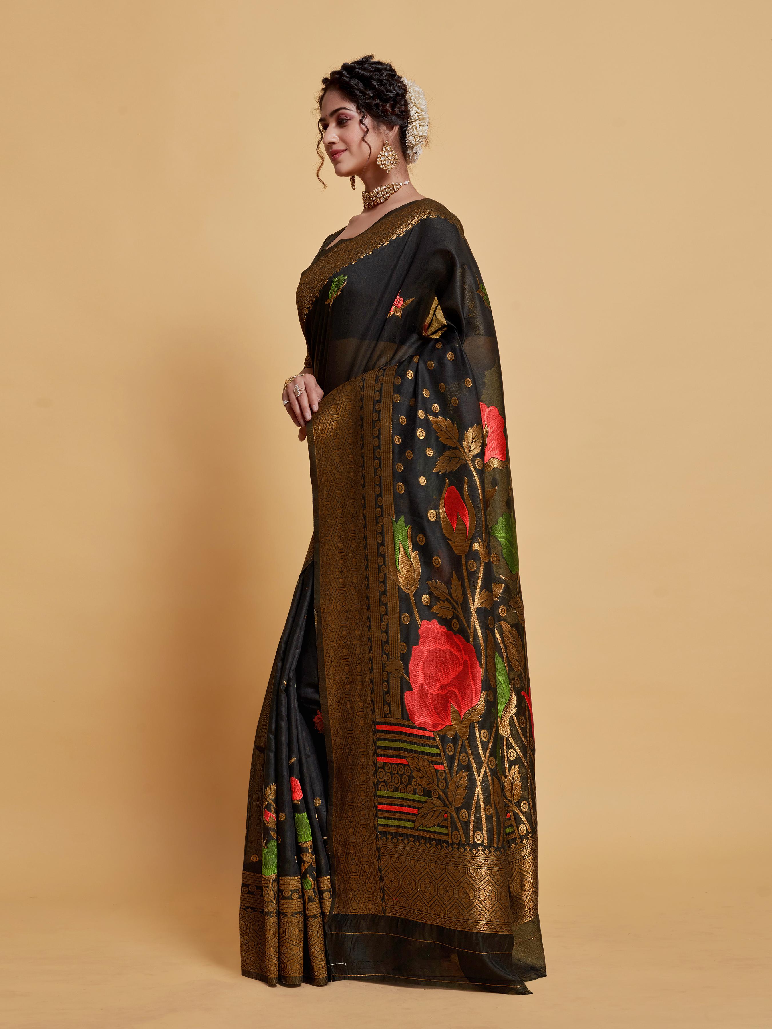 Black Floral Woven Soft Cotton Saree