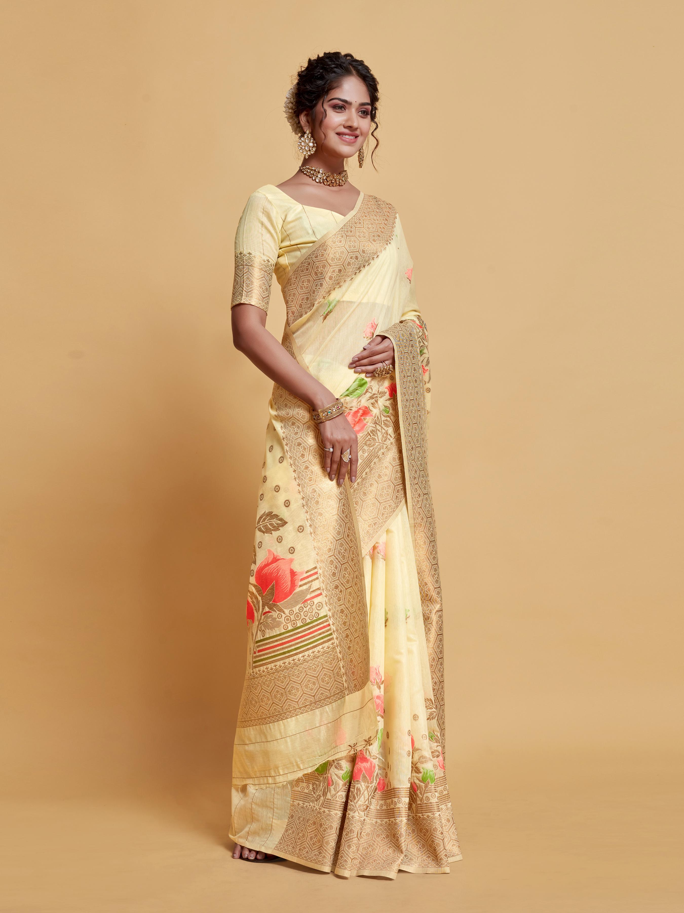 Off White Floral Woven Soft Cotton Saree