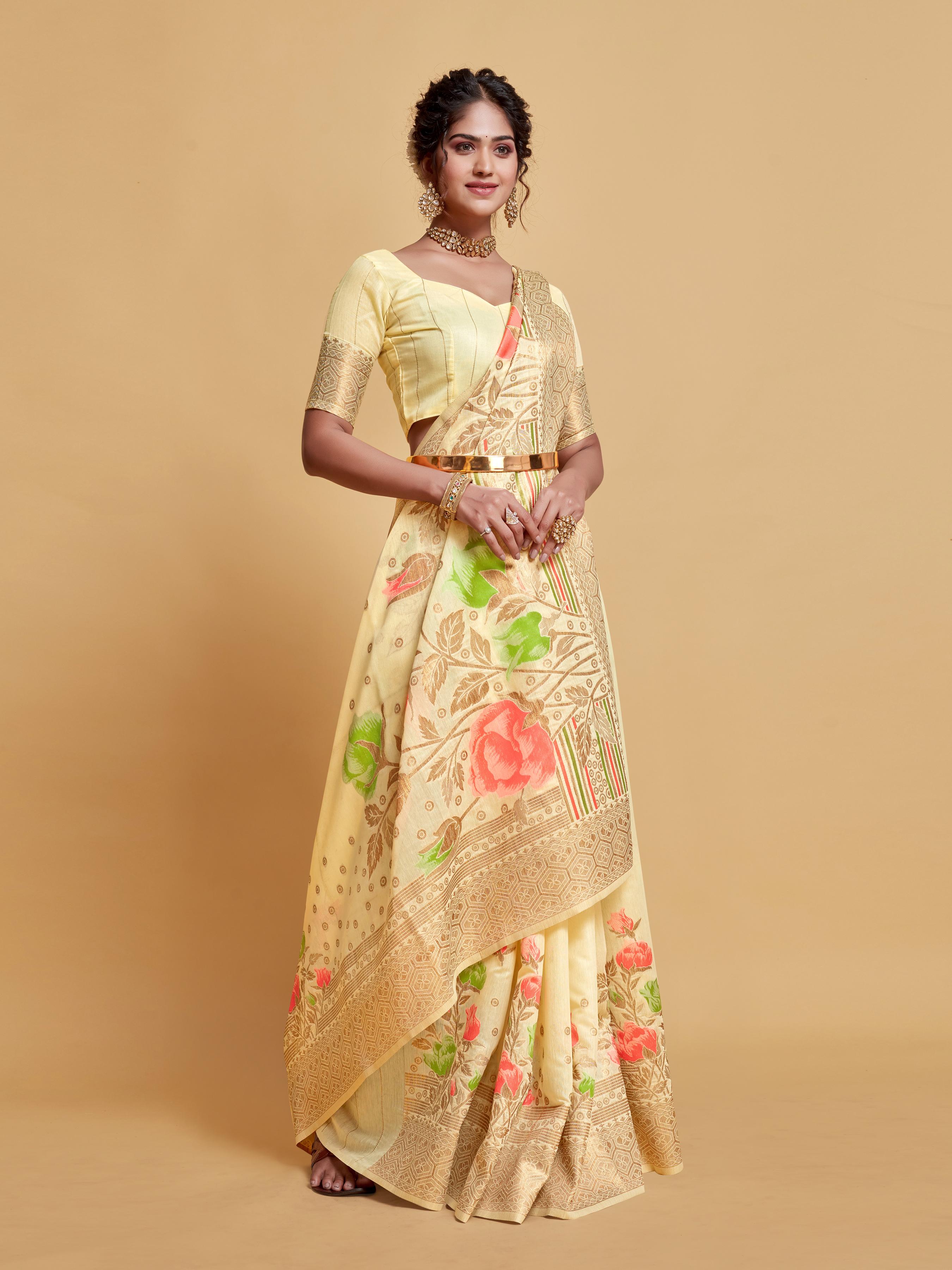 Off White Floral Woven Soft Cotton Saree