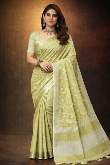 Light Green linen saree with floral design