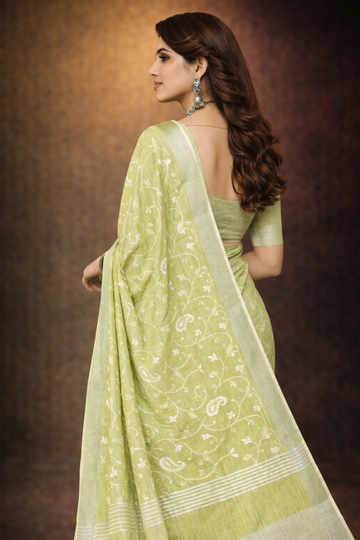 Light Green linen saree with floral design