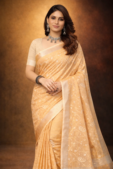 Orange linen saree with floral design